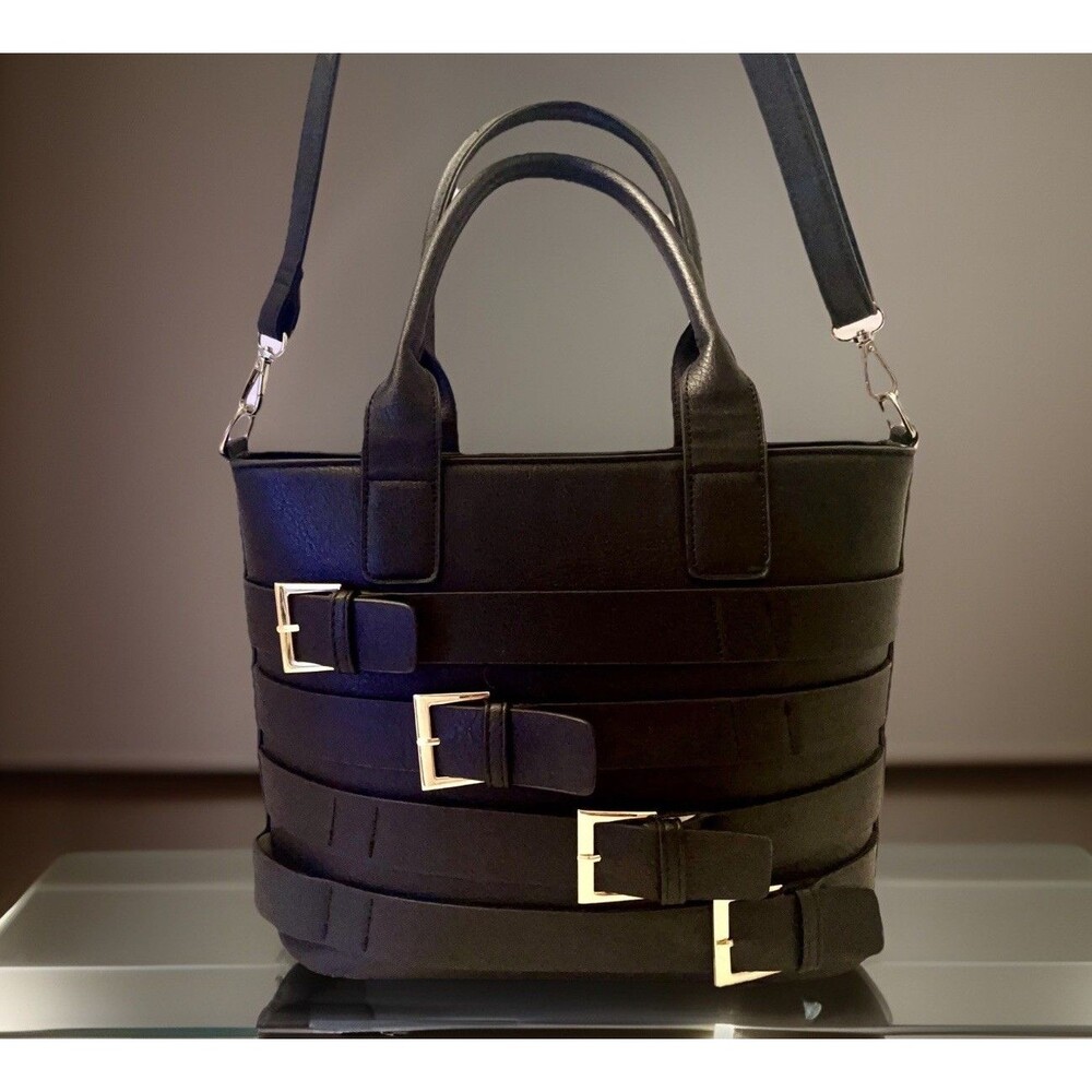 Bold Black Belted Tote Edgy Modern Crossbody Goth Convertible Satchel